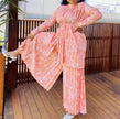 Peach pleated twin set with waist belt: loose tunic and flowing long skirt