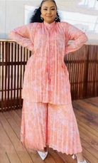 Pleated belted twin set, loose fit tunic and long skirt in peach