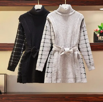 High-neck belted knit mini dress in black and grey, long patterned cuffs