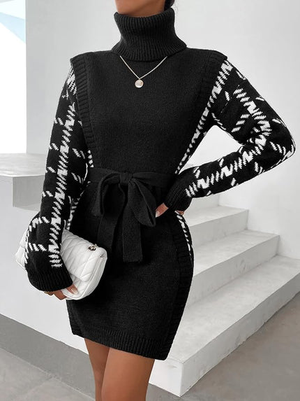 Black high-neck belted knit mini dress with patterned long sleeves and tie waist