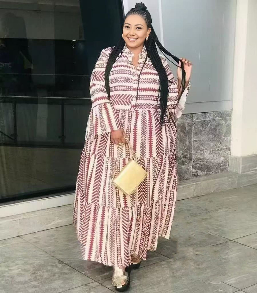 Women's Geometric Pattern Long Sleeve Dress with Loose Fit and Tiered Skirt