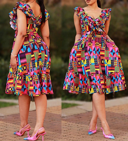 Geometric print ruffle midi dress, colorful tiered skirt and cap sleeves