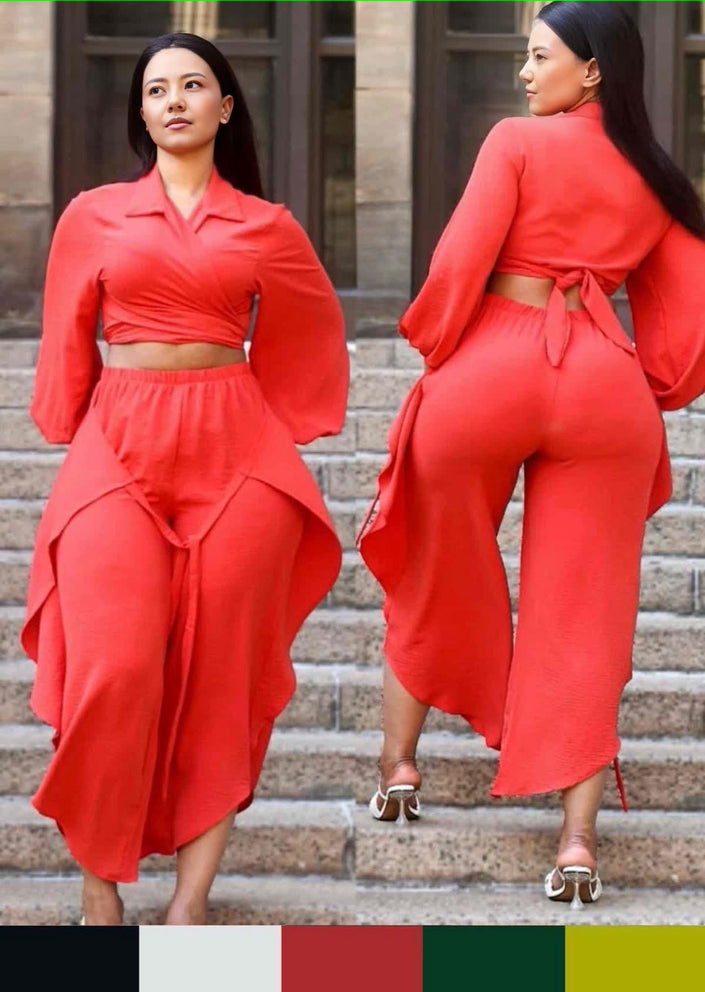 Orange-red cropped puff-sleeve shirt and tie-waist wide-leg pants twin set