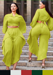 Lime green cropped puff-sleeve shirt and tie-waist wide-leg pants twin set