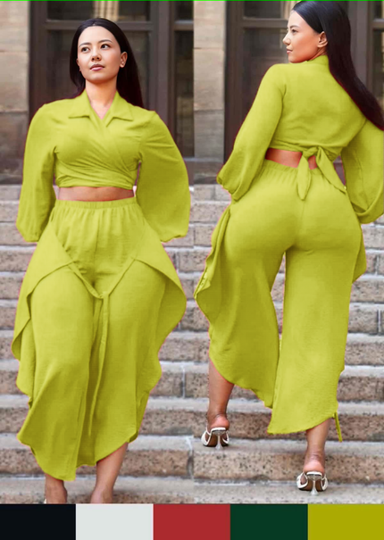 Lime green cropped puff-sleeve shirt and tie-waist wide-leg pants twin set
