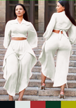 White cropped puff-sleeve shirt with tie waist and wide-leg pants twin set
