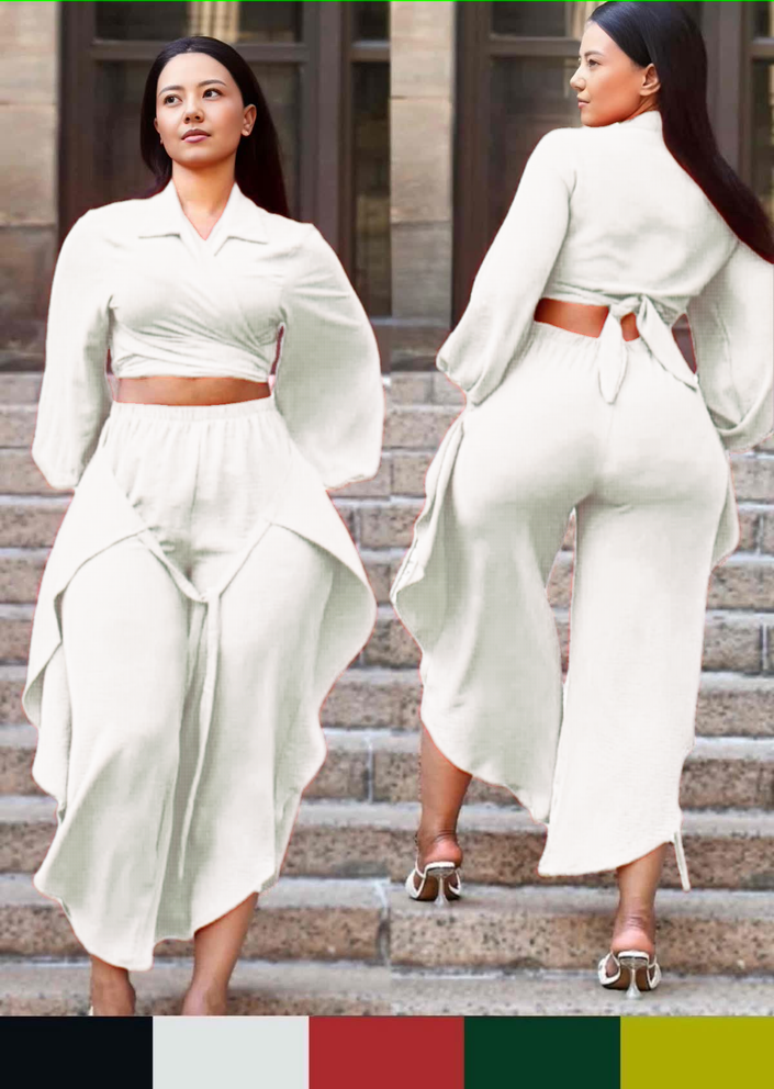 White cropped puff-sleeve shirt with tie waist and wide-leg pants twin set