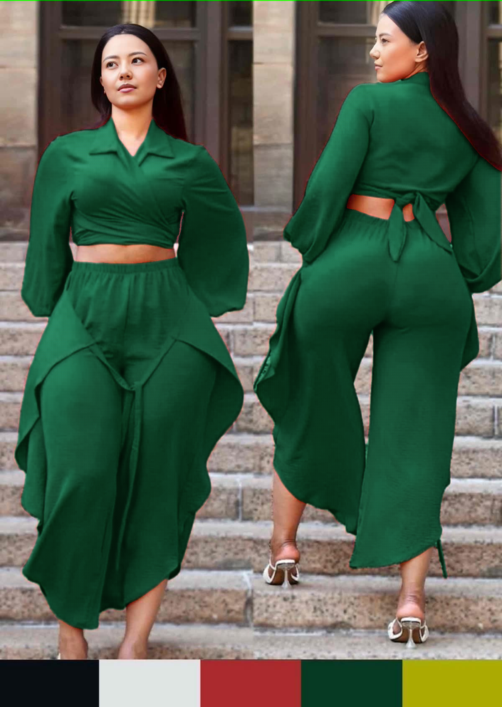 Deep green cropped puff-sleeve shirt and tie-waist wide-leg pants twin set
