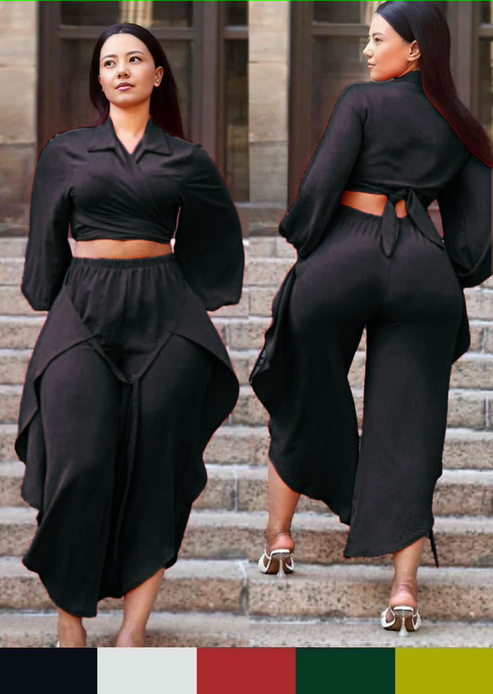Black cropped puff-sleeve shirt with tie waist and wide-leg pants twin set