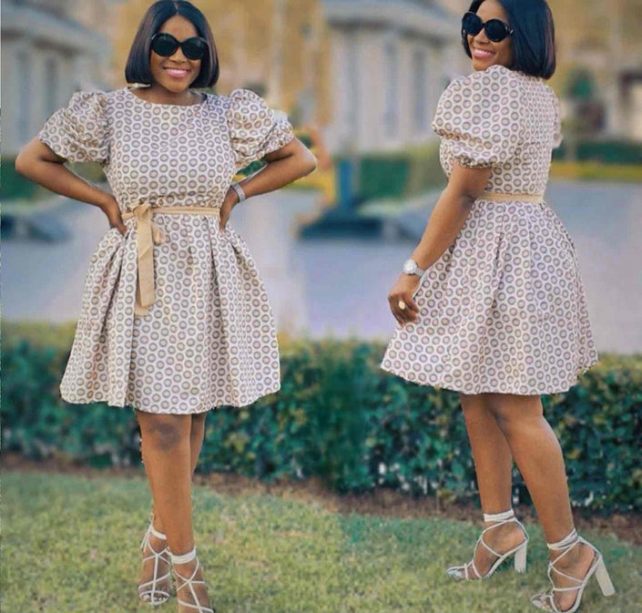 Beige circle print A-line dress with puff sleeves and tied waist