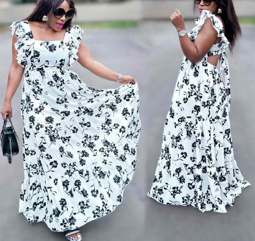 Floral Pattern Cut-Out Back Maxi Dress