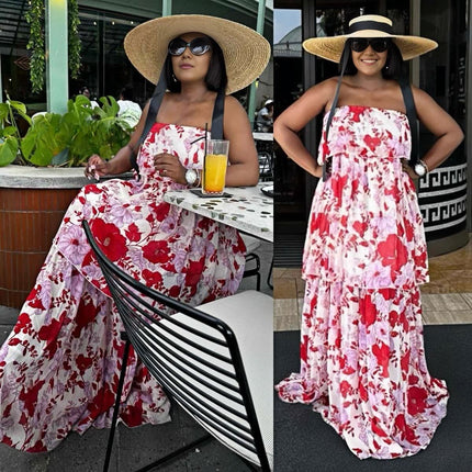 Strapless tiered floral maxi dress, red and white with ruffled layered skirt.