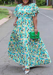 Maxikleid mit geometrischem Muster, Volantärmeln und weitem Rock, türkis/bunt