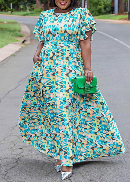 Maxikleid mit geometrischem Muster, Volantärmeln und weitem Rock, türkis/bunt