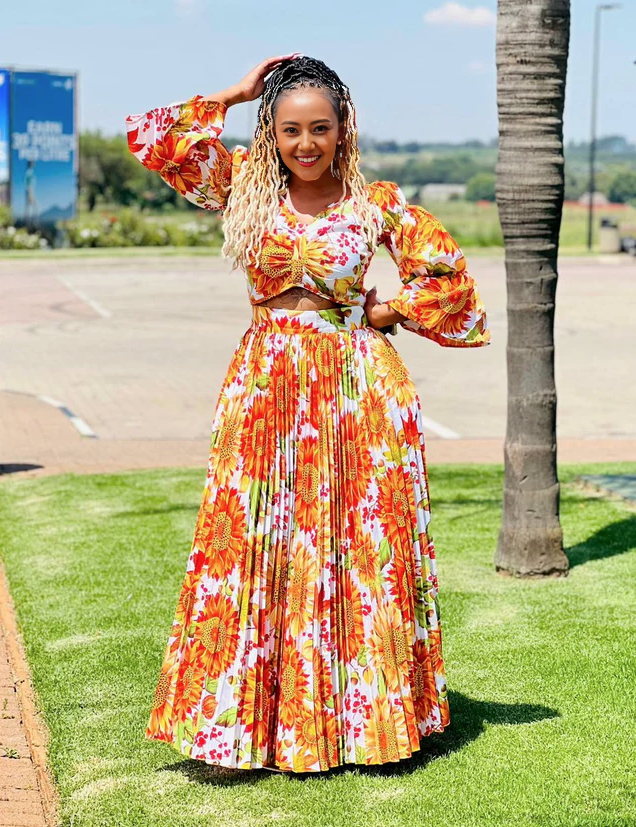 Floral Print Long-Sleeve Blouse & Pleated Maxi Skirt Set