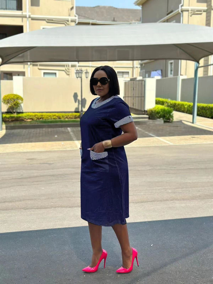 Navy midi dress with striped collar and side pockets