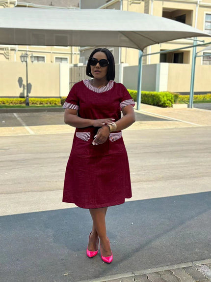 Maroon midi dress with striped collar and side pockets