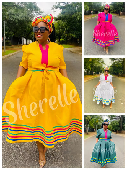 Bow-waist striped midi dress with ruffled hem and short puff sleeves