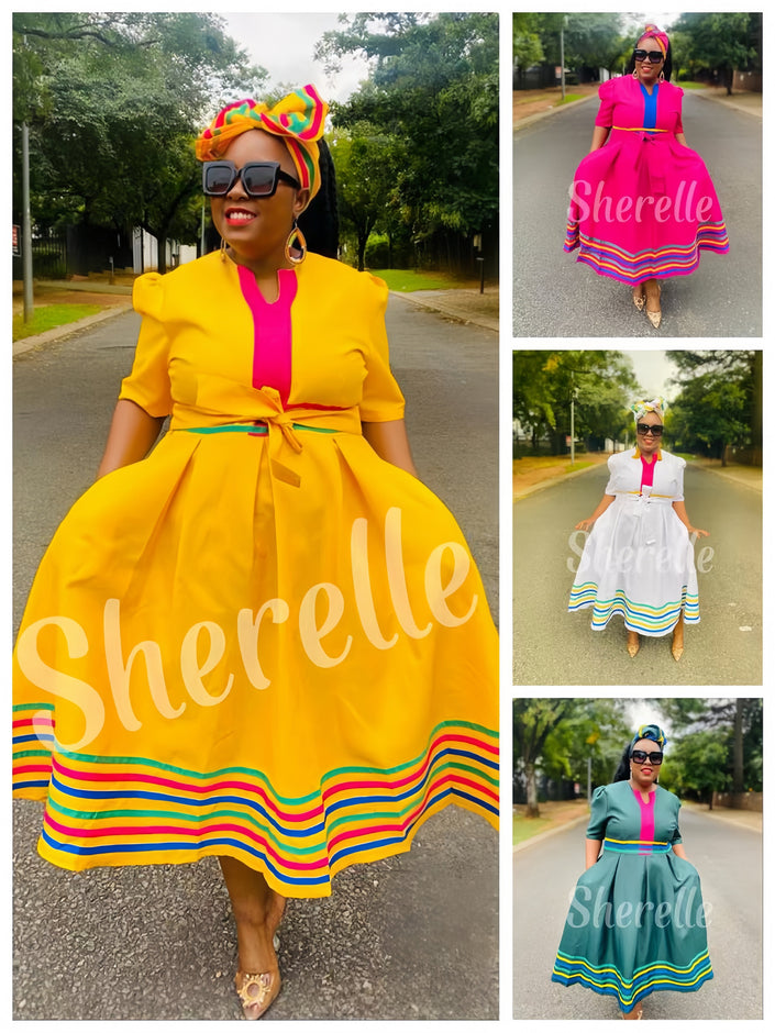 Bow-waist striped midi dress with ruffled hem and short puff sleeves