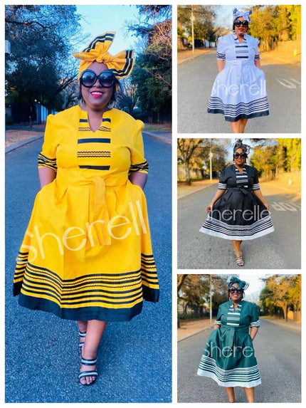 Yellow midi shirt dress with striped hem and bow belt