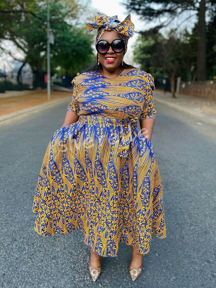 African print flared midi dress with puff sleeves and gathered skirt in blue and yellow