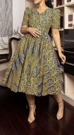 Traditional Flared Skirt Dress with Swirl and Feather Motifs