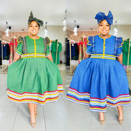 Puff-sleeve flared striped-hem dress with yellow trim and multicolor hem stripes, green and blue
