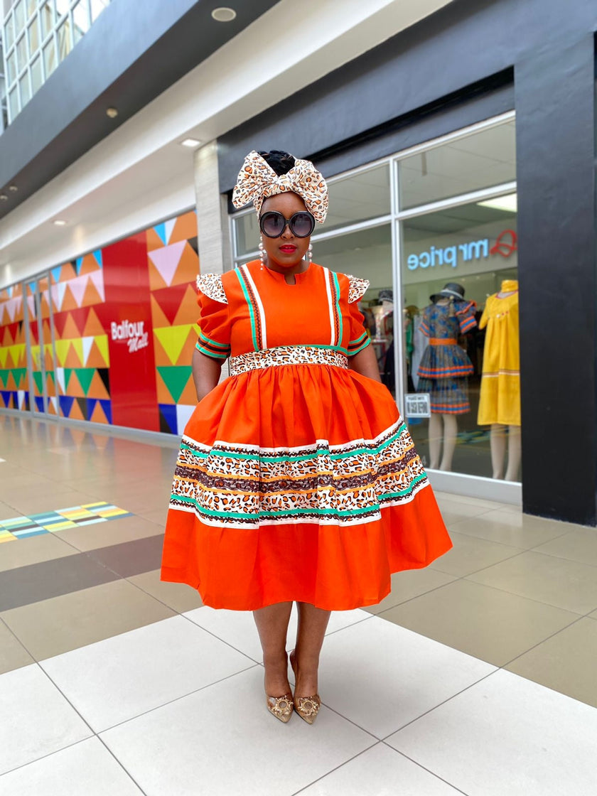 Geometric Trim Puff-Sleeve Dress