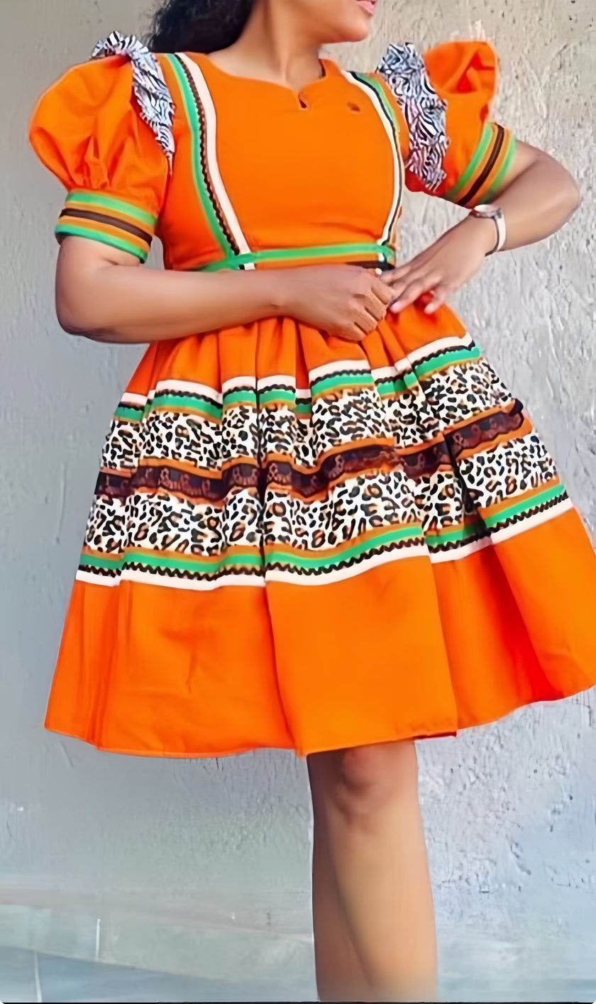 Geometric Trim Puff-Sleeve Dress