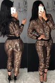 Gold sequin jacket and elastic-waist pant set, zip-up long sleeves