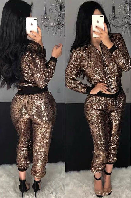 Gold sequin jacket and elastic-waist pant set, zip-up long sleeves