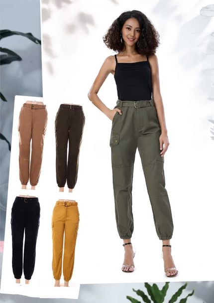 Olive cargo pants with elastic cuffs and multiple pockets