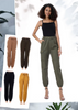 Olive cargo pants with elastic cuffs and multiple pockets