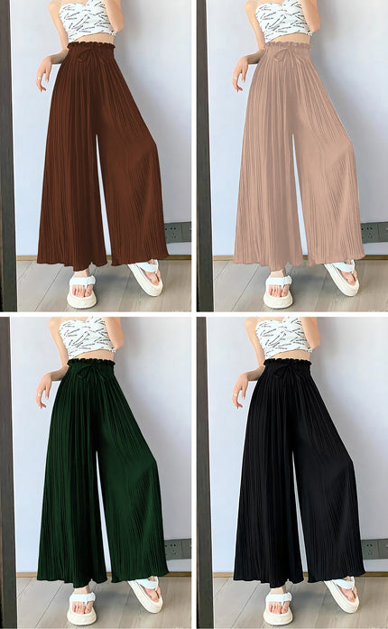 Pleated wide-leg pants with elastic waist, shown in brown, beige, green, and black