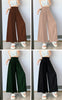 Pleated wide-leg pants with elastic waist, shown in brown, beige, green, and black