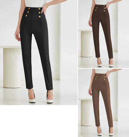 High-waist pants with gold button detail and tailored slim legs, dark color