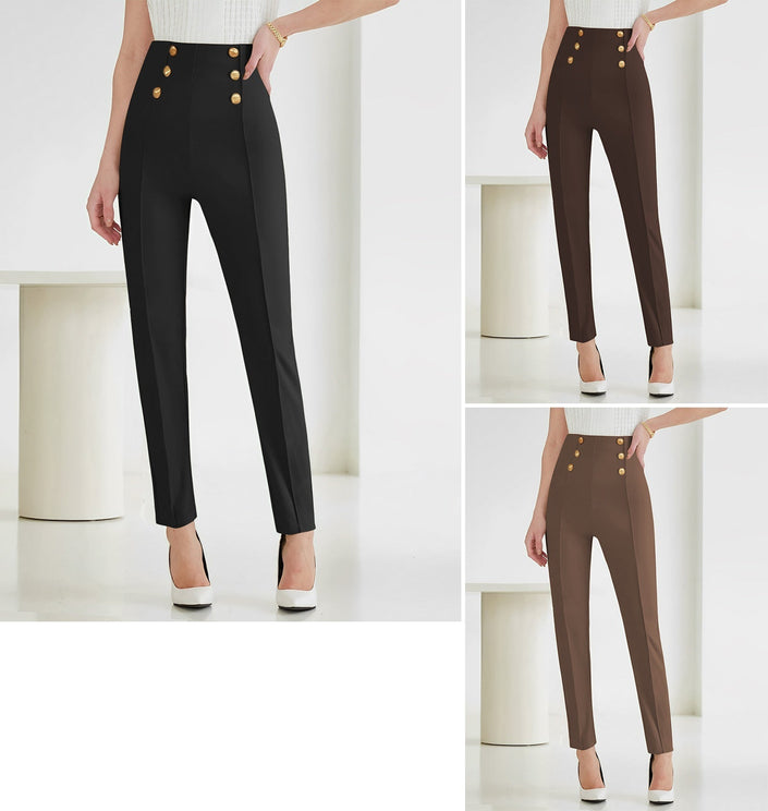 High-waist pants with gold button detail and tailored slim legs, dark color