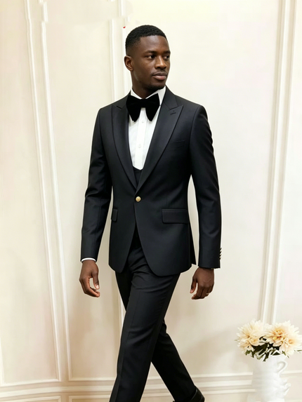 Black slim-fit tuxedo suit with satin bow tie, single-breasted jacket and trousers