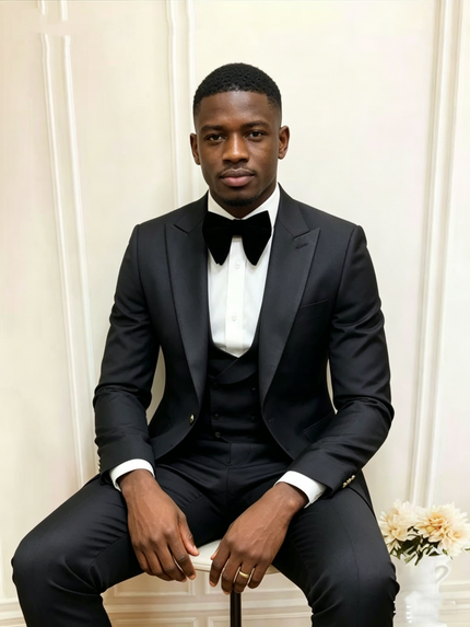 Black slim-fit tuxedo suit with white dress shirt, black bow tie, satin pocket details