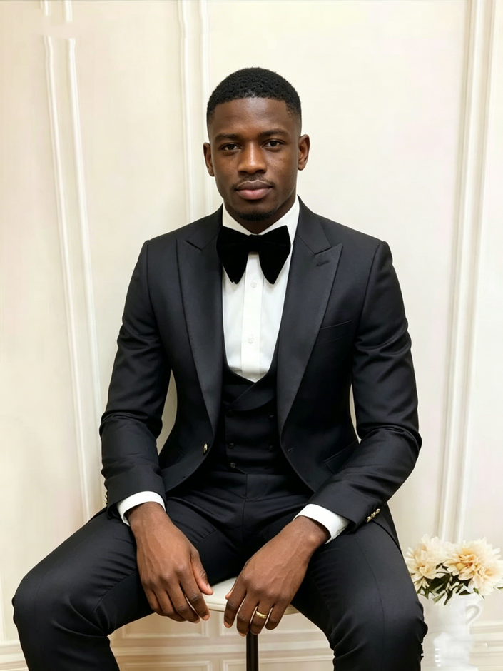 Men's black tuxedo suit, satin bow tie and vest, seated view