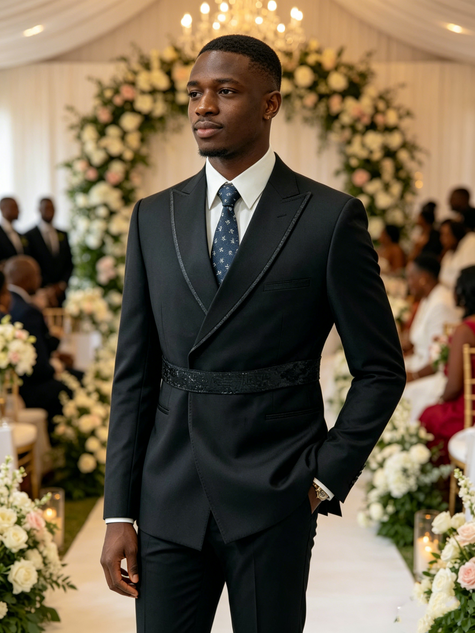 Black Peak Lapel Tuxedo Suit with Satin Trim for Men