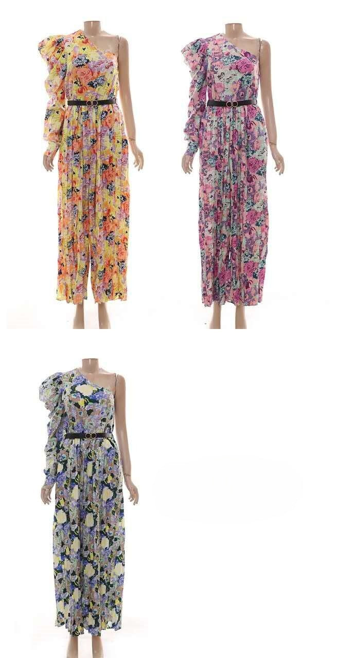 Women's Floral Pattern One-Shoulder Jumpsuit with Stylish Ruffle Details