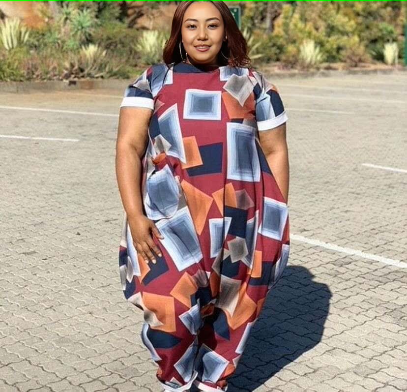 Women's Geometric Block Pattern Loose-Fit Jumpsuit with Short Sleeves