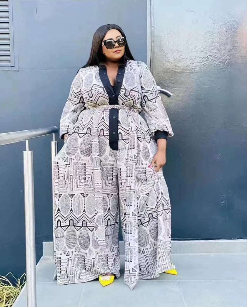 Geometric Patterned Button-Up Wide-Leg Jumpsuit with Long Sleeves