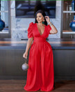 Red puff sleeve V-neck wide-leg jumpsuit with gathered waist