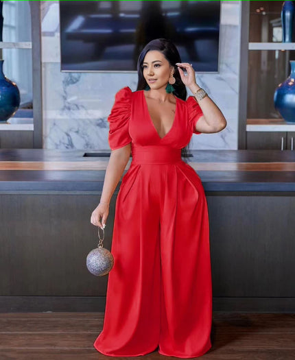 Red puff sleeve V-neck wide-leg jumpsuit with gathered waist