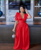 Red puff sleeve V-neck wide-leg jumpsuit with gathered waist