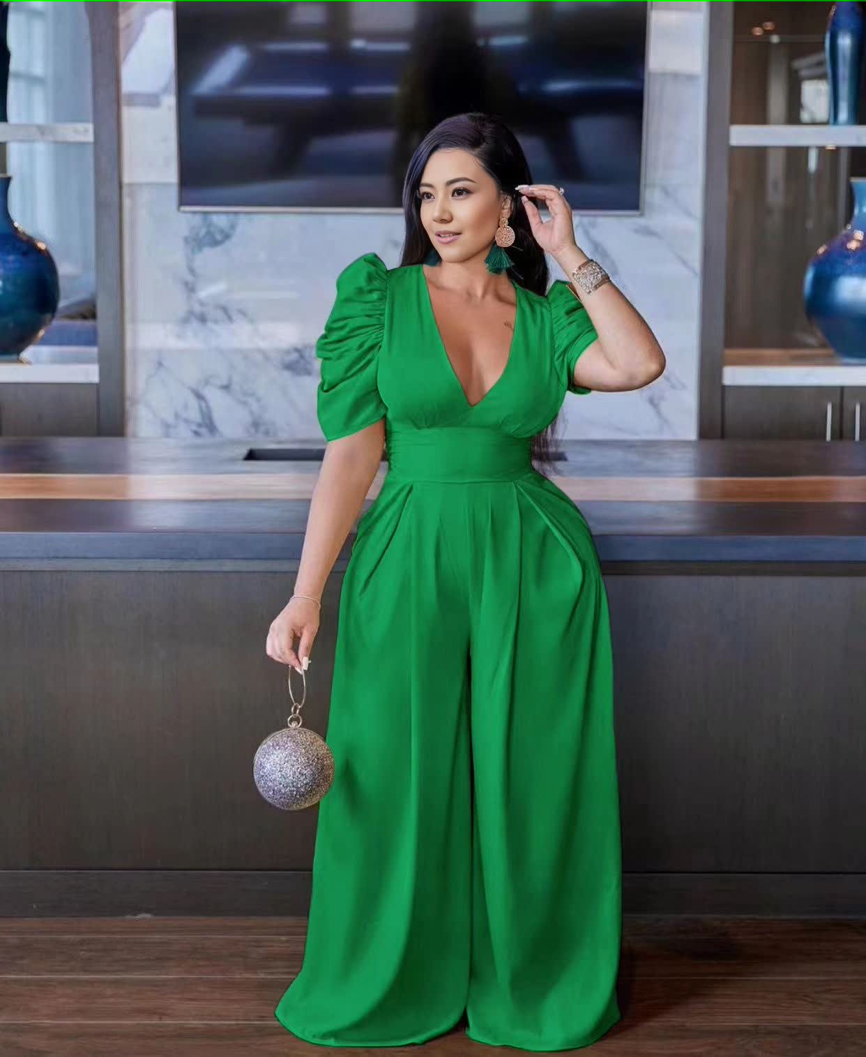 Green puff sleeve V-neck wide-leg jumpsuit with gathered waist