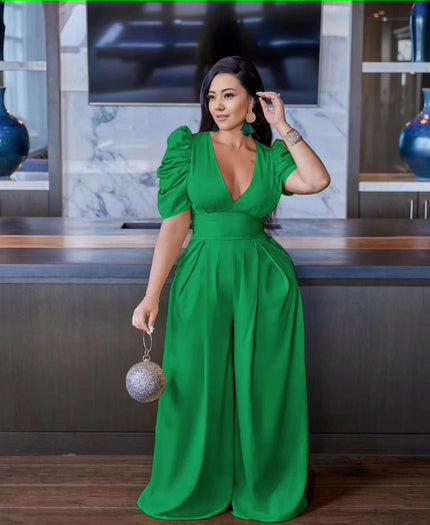 Green puff sleeve V-neck wide-leg jumpsuit with gathered waist
