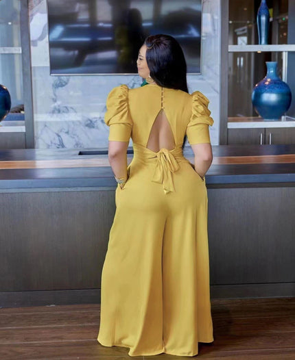 Mustard yellow puff sleeve wide-leg V-neck jumpsuit with open back tie